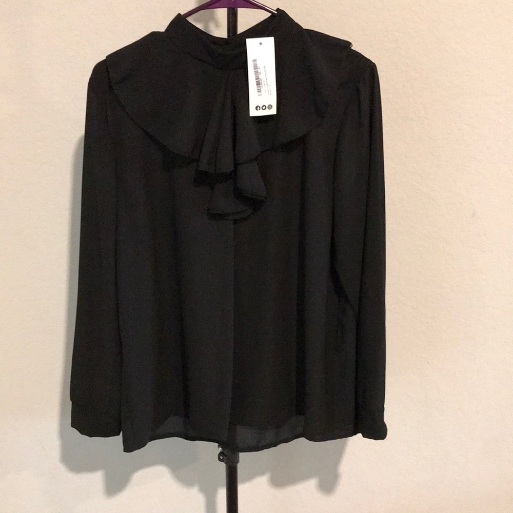 Black ruffle bow blouse